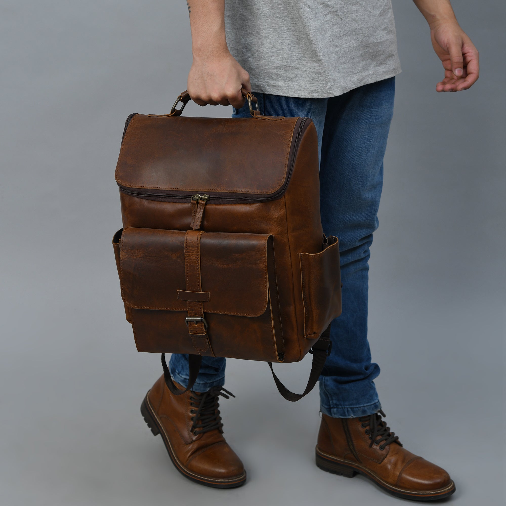 Full Grain 16-inch Leather Backpack | Rucksack Bag with Padded Laptop Compartment & Adjustable Strap (Bourbon Brown) - Jodaro.com