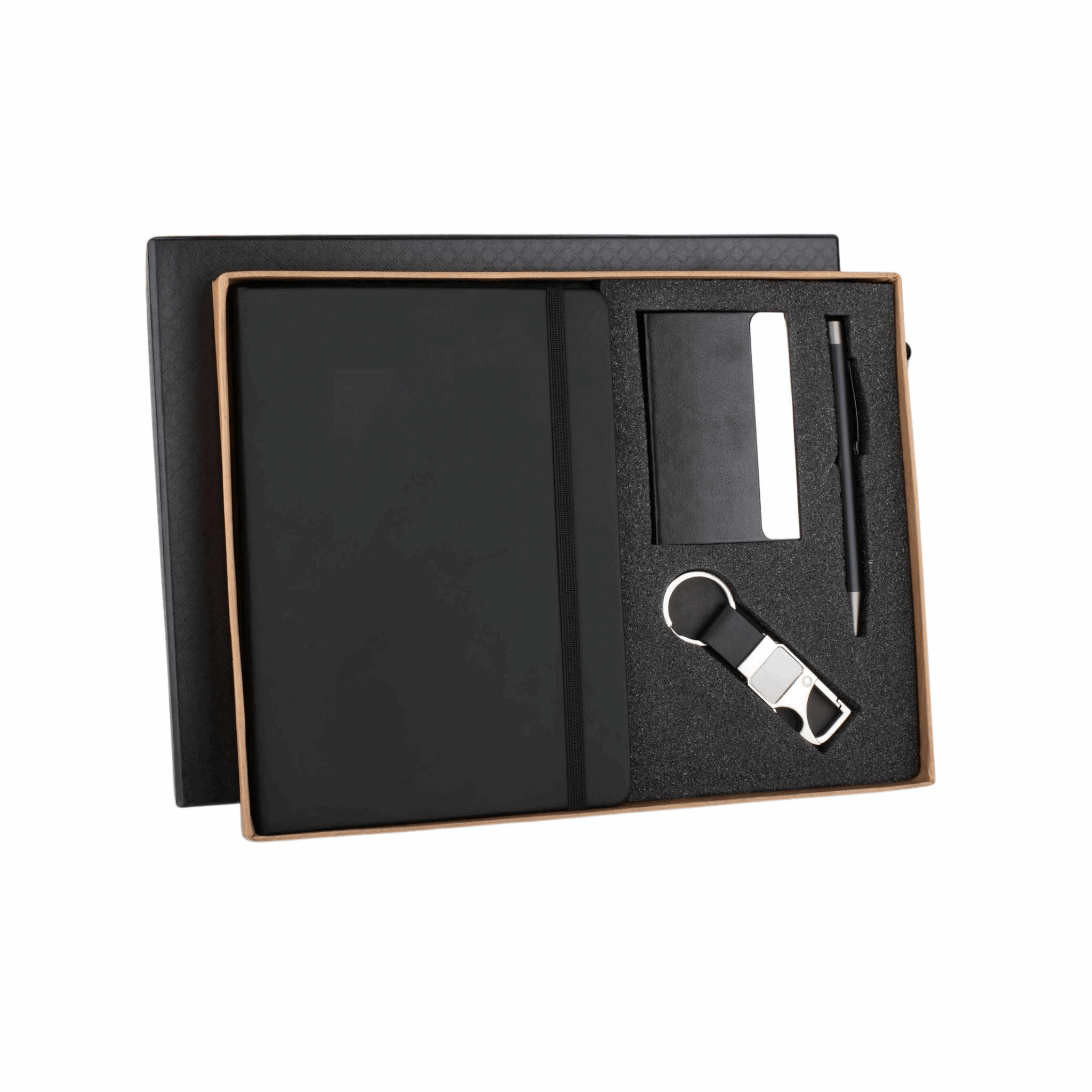 Charm Corporate Gift Set with A5 Journal Notebook, Premium Metal Pen, Card Holder & Metal Keychain | 4-in-1 Customizable Gift Set for Executives, Travelers & Special Occasions (Black, 192 Pages)