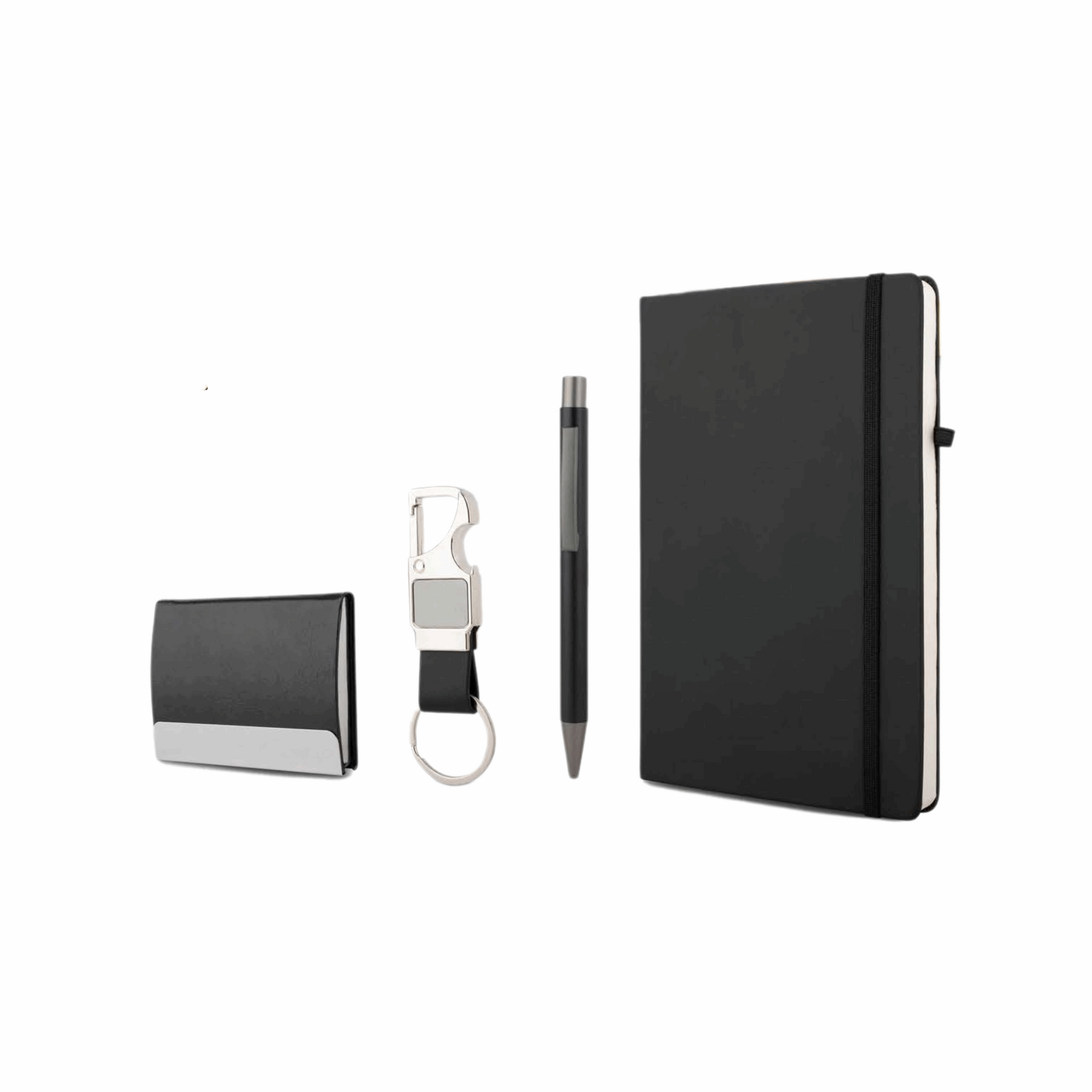 Charm Corporate Gift Set with A5 Journal Notebook, Premium Metal Pen, Card Holder & Metal Keychain | 4-in-1 Customizable Gift Set for Executives, Travelers & Special Occasions (Black, 192 Pages)