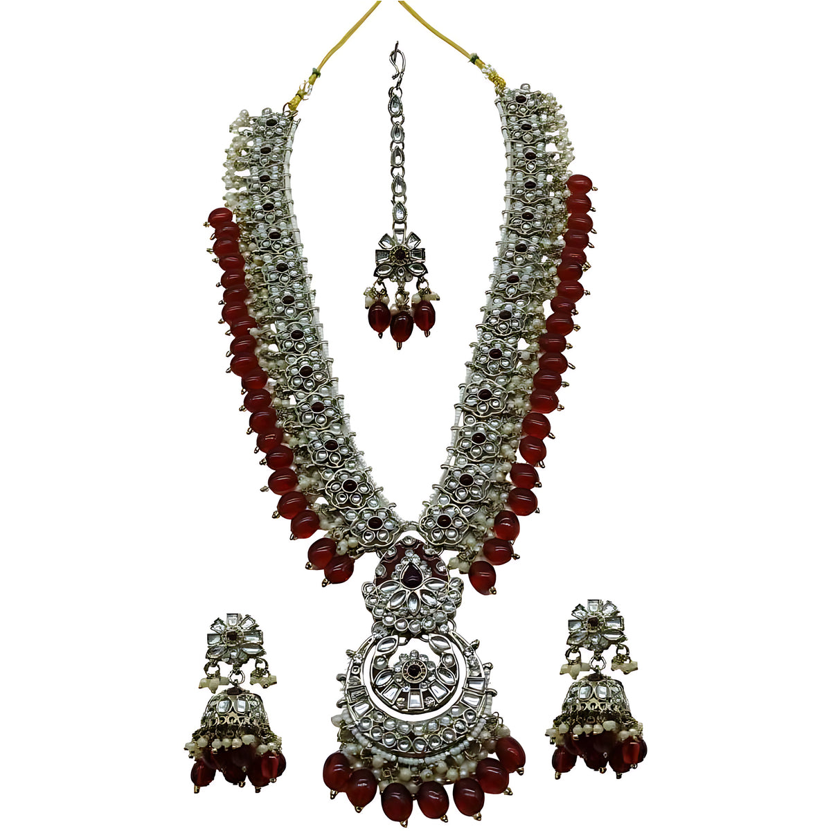 Long Necklace Set, Maroon Beads - Traditional Indian Wedding Jewelry Earrings & Tikka, Traditional Indian Wedding Jewelry (Set of 2)