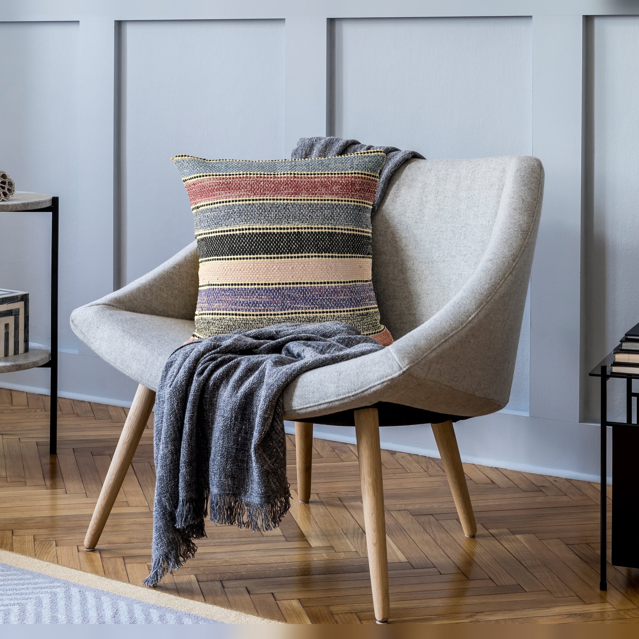 Midnight Striped Cushion Cover, Organic Cotton with Pastel Hues and Farmhouse Vibes, Concealed Zip Closure, Modern Accent for Sofa, Chair, or Bed, Comfortable and Stylish Home D����cor (18x18 Inches)