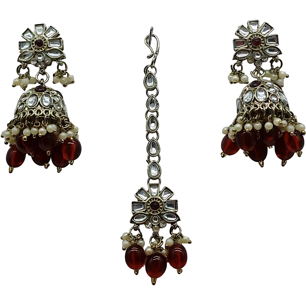 Long Necklace Set, Maroon Beads - Traditional Indian Wedding Jewelry Earrings & Tikka, Traditional Indian Wedding Jewelry (Set of 2)