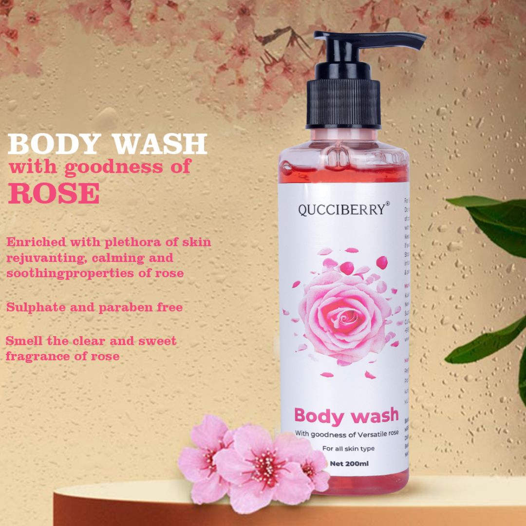 Qucciberry Rose Bodywash �������� Nourishing, Moisturizing Shower Gel with Natural Ingredients, Long-Lasting Floral Aromatic Blend of Rose, Fruits, and Herbs for Soft, Smooth Skin, Unisex, 200 ML