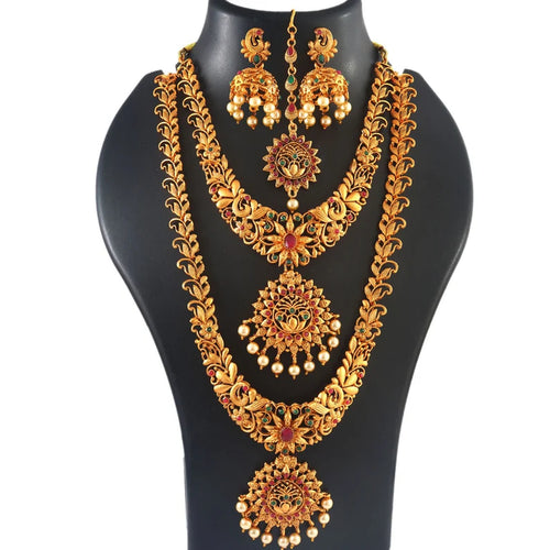 Traditional Gold-Plated Long Necklace Set, Earrings �������� Handcrafted Ethnic Bridal Jewelry for Weddings & Festival, Traditional Indian Wedding Jewelry (Set of 3)
