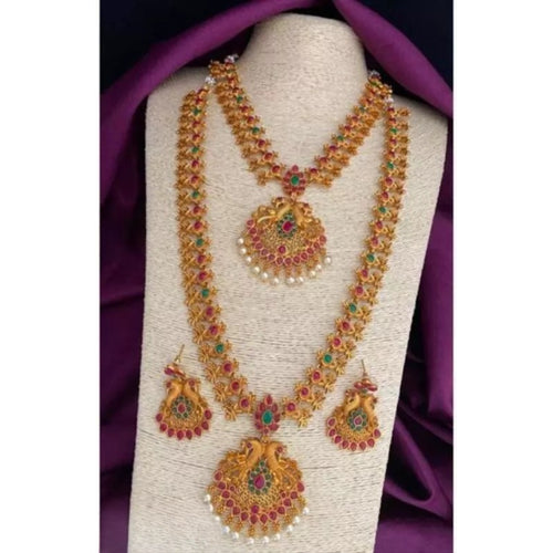 Traditional Temple Lakshmi Necklace Set, Ruby and Emerald Stones �������� Antique Gold Plated Indian Bridal Jewelry, Traditional Indian Jewelry (Set of 2)