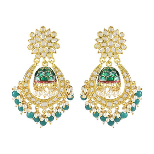 Green and Gold-Plated Kundan Chandbali Earrings �������� Traditional Indian Jhumka Earrings, Pearls, Traditional Indian Wedding Jewelry (Set of 1)