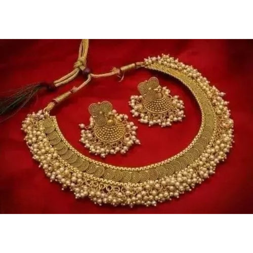 Antique Gold Plated Temple Choker Necklace Set, Pearls �������� Traditional Indian Bridal Jewelry, Traditional Indian Wedding Jewelry (Set of 2)