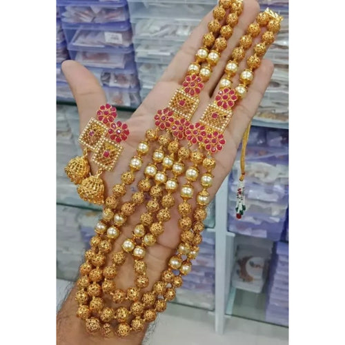 Traditional Gold Plated Long Haram Necklace Set, Pearls and Floral Design �������� Indian Bridal Jewelry, Traditional Indian Wedding Jewelry (Set of 2)