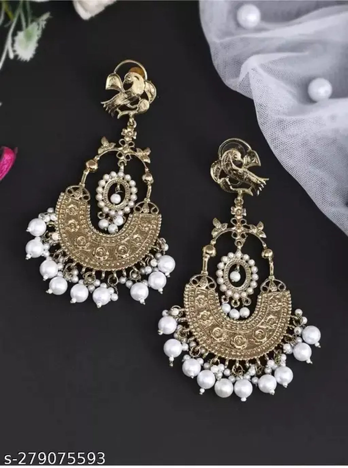 Traditional Gold-Plated Chandbali Earrings, Bird Motif and Pearl Drops �������� Perfect for Weddings & Festive Occasions, Traditional Indian Wedding Jewelry (Set of 1)