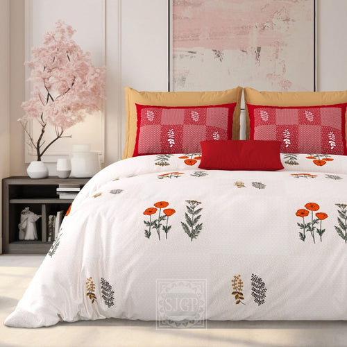 Milky White Cotton Pillowcases with Red Floral Print, Coordinated Design, Soft & Durable Pillow Cover, Perfect for Bedroom D����cor (108