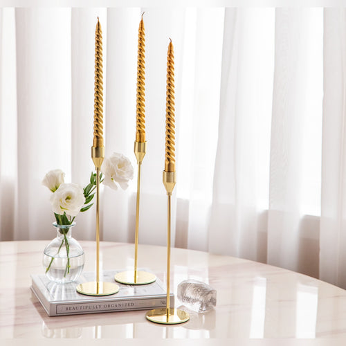 Rio Candle Holder & Candles Set, Includes 1 Sleek Golden Candle Holder and 4 Twisted Taper Candles, Corrosion-Free Metal with Anti-Slip Base, Perfect for Dining, Living Room D����cor, and Special Occasions