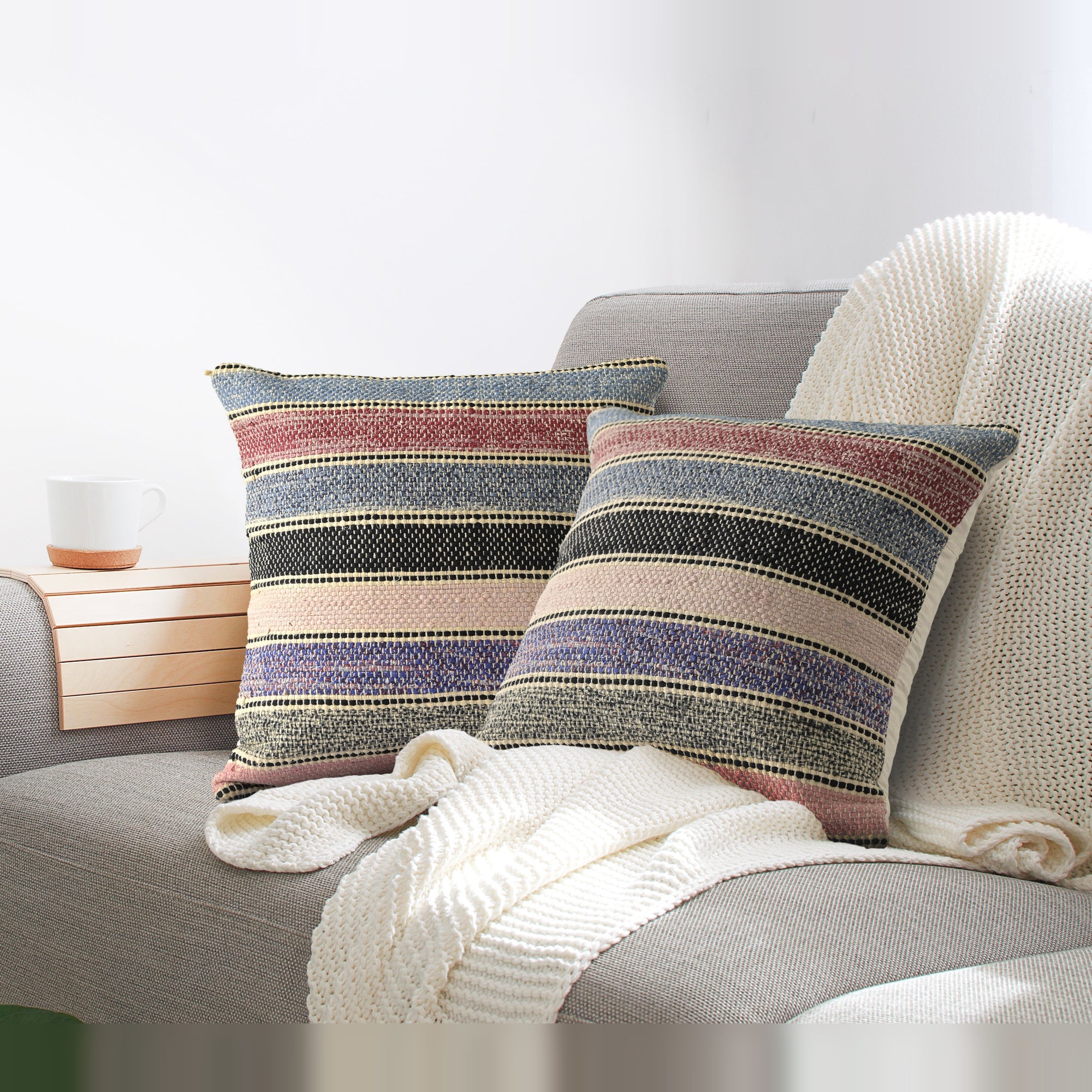 Midnight Striped Cushion Cover, Organic Cotton with Pastel Hues and Farmhouse Vibes, Concealed Zip Closure, Modern Accent for Sofa, Chair, or Bed, Comfortable and Stylish Home D����cor (18x18 Inches)