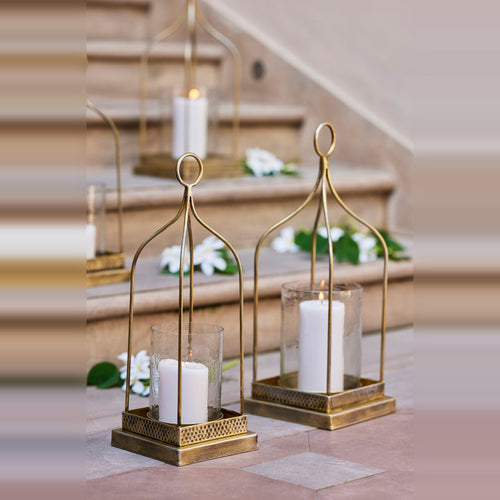 Vintage Vogue Round Lantern, Handcrafted Brass and Iron with Antique Brass Finish, Removable Hammered Glass, Looped Handle for Easy Portability, Elegant Indoor and Outdoor D����cor, Perfect for Garden, Patio, and Home Ambience (Set of Small and Big)