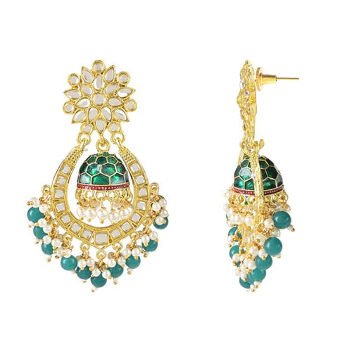 Green and Gold-Plated Kundan Chandbali Earrings �������� Traditional Indian Jhumka Earrings, Pearls, Traditional Indian Wedding Jewelry (Set of 1)