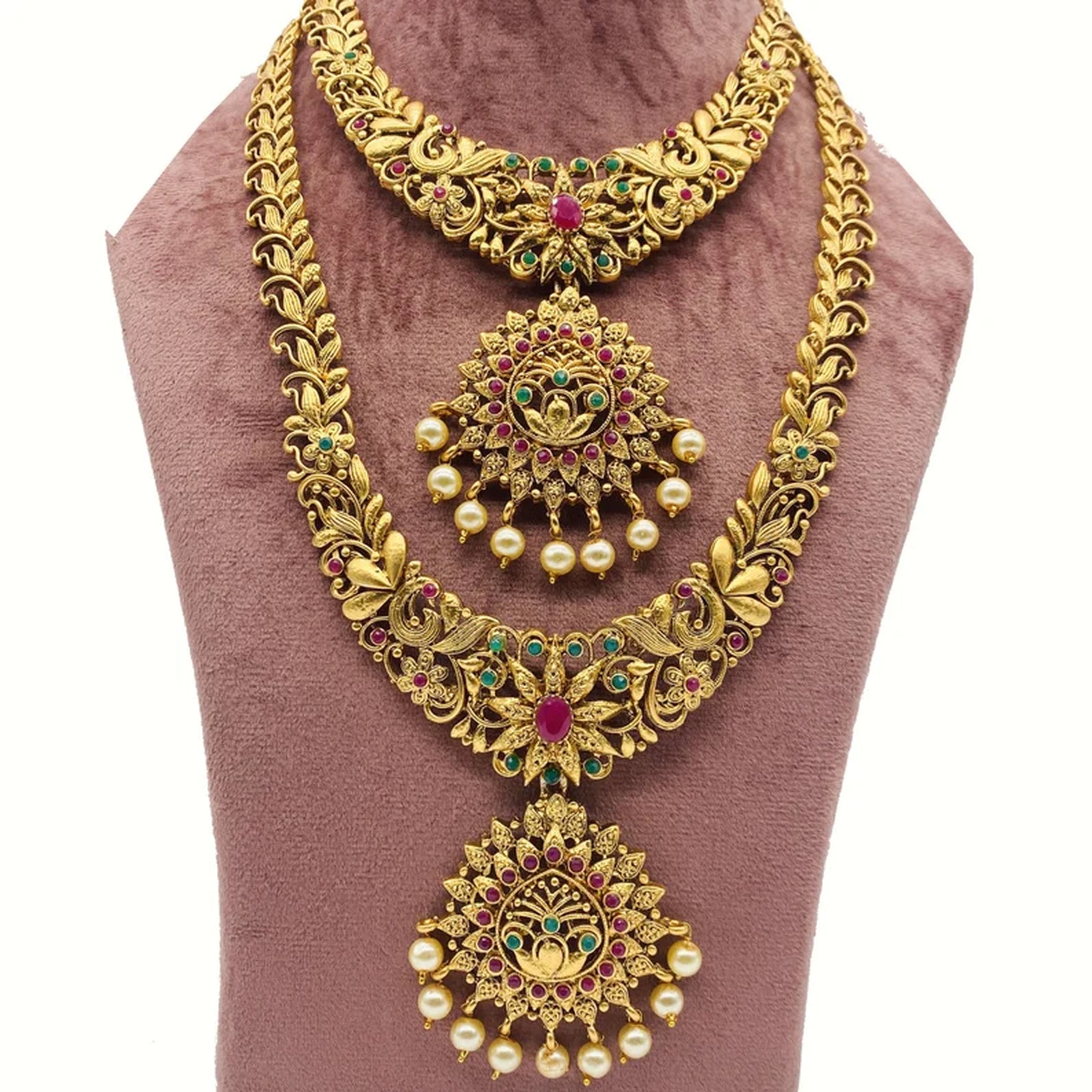 Traditional Gold-Plated Long Necklace Set, Earrings �������� Handcrafted Ethnic Bridal Jewelry for Weddings & Festival, Traditional Indian Wedding Jewelry (Set of 3)