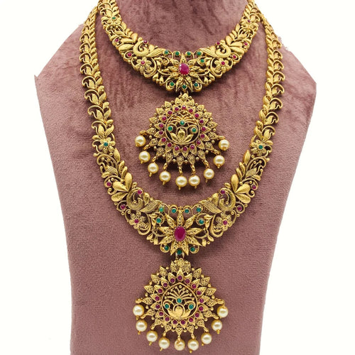 Traditional Gold-Plated Long Necklace Set, Earrings �������� Handcrafted Ethnic Bridal Jewelry for Weddings & Festival, Traditional Indian Wedding Jewelry (Set of 3)