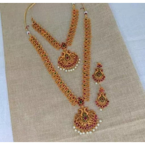 Traditional Temple Lakshmi Necklace Set, Ruby and Emerald Stones �������� Antique Gold Plated Indian Bridal Jewelry, Traditional Indian Jewelry (Set of 2)