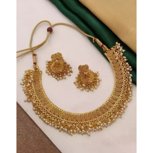 Antique Gold Plated Temple Choker Necklace Set, Pearls �������� Traditional Indian Bridal Jewelry, Traditional Indian Wedding Jewelry (Set of 2)