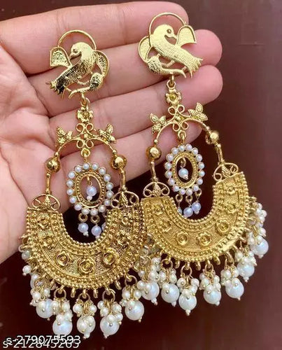 Traditional Gold-Plated Chandbali Earrings, Bird Motif and Pearl Drops �������� Perfect for Weddings & Festive Occasions, Traditional Indian Wedding Jewelry (Set of 1)