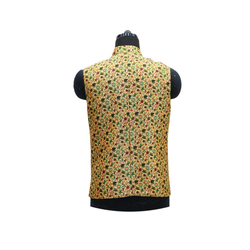 Wedding Waistcoat for Men with Front Pockets | Yellow Ethnic Vest with Floral Design for Special Occasions