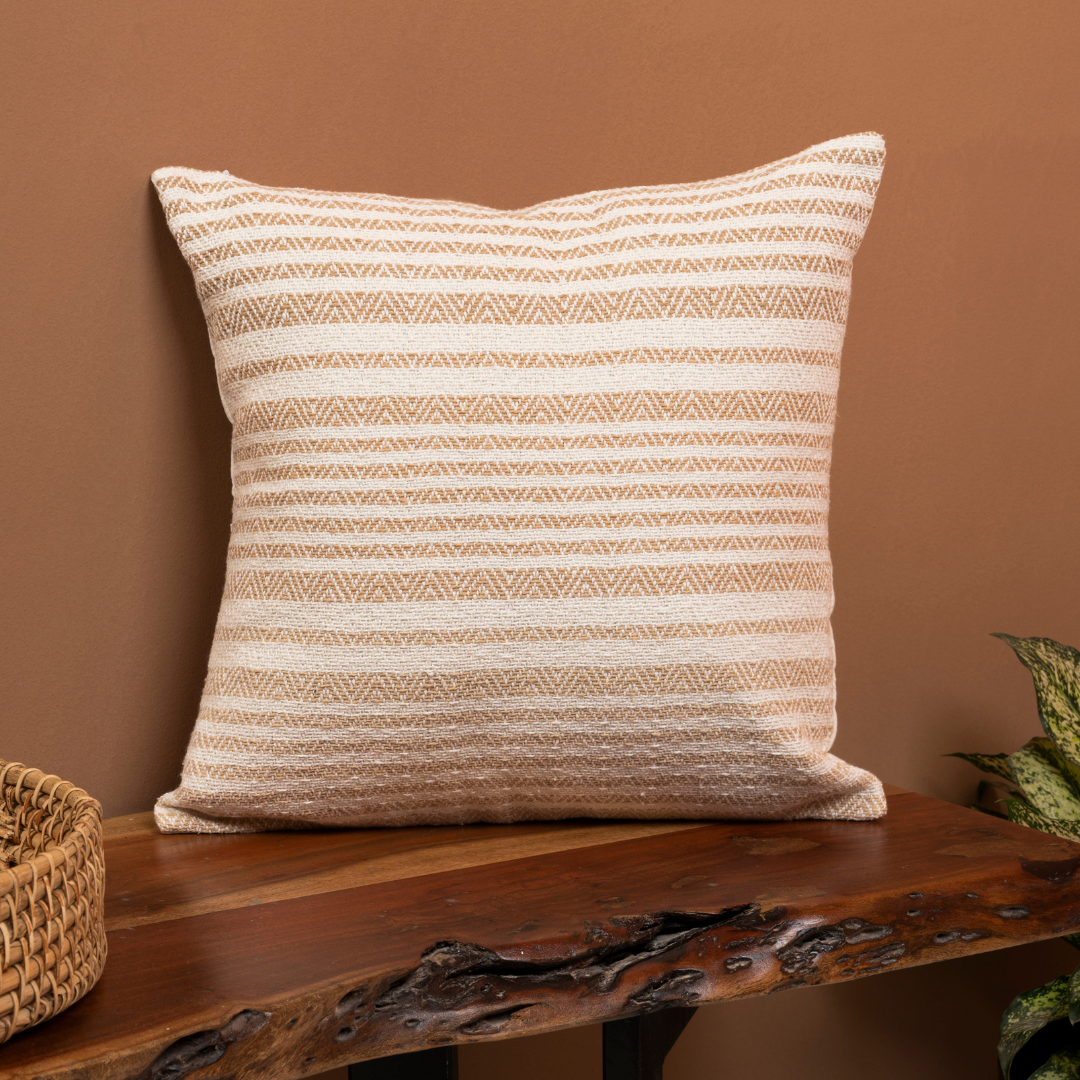 Parallel Cotton Beige Cushion Cover with Zipper Closure | Handwoven Cotton Pillowcase for Living room Decor - Jodaro.com