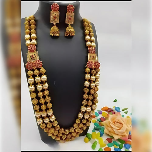 Traditional Gold Plated Long Haram Necklace Set, Pearls and Floral Design �������� Indian Bridal Jewelry, Traditional Indian Wedding Jewelry (Set of 2)