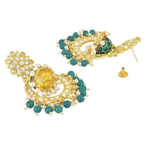 Green and Gold-Plated Kundan Chandbali Earrings �������� Traditional Indian Jhumka Earrings, Pearls, Traditional Indian Wedding Jewelry (Set of 1)