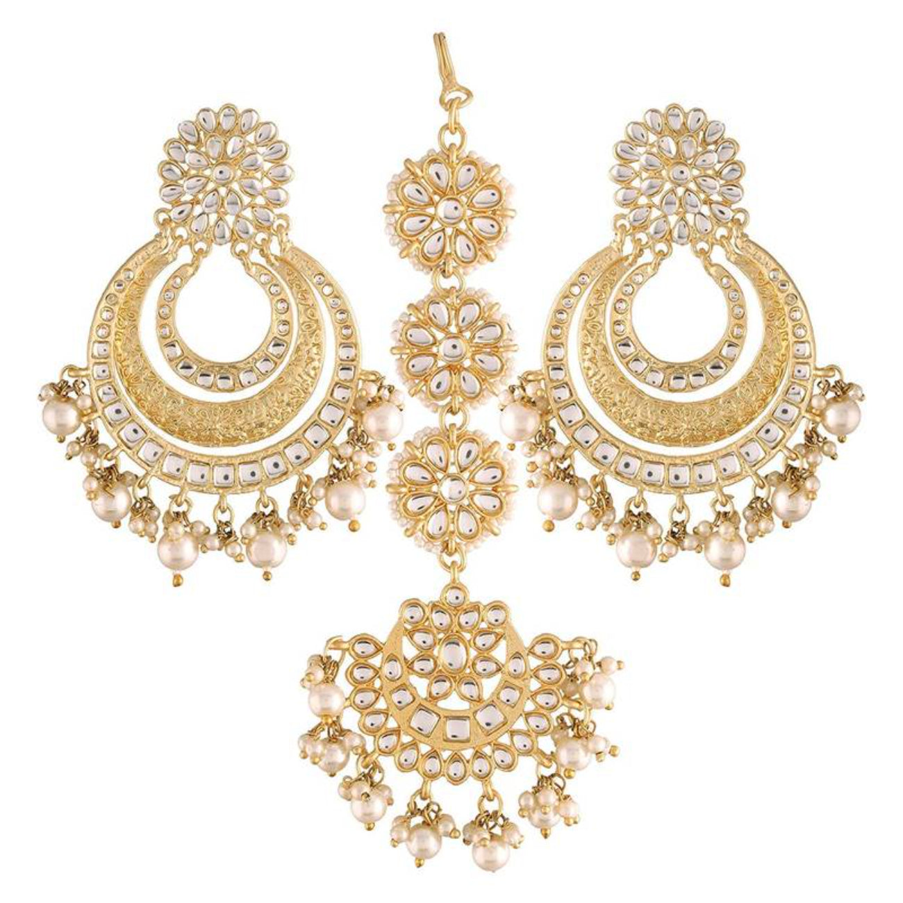 Elegant Gold-Plated Kundan Pearl Chandbali Earrings, Maang Tikka �������� Traditional Bridal Jewelry Set, Traditional Indian Wedding Jewelry (Set of 1)