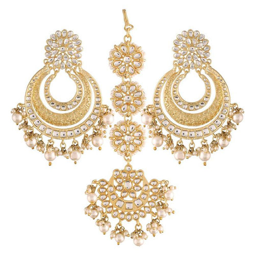 Elegant Gold-Plated Kundan Pearl Chandbali Earrings, Maang Tikka �������� Traditional Bridal Jewelry Set, Traditional Indian Wedding Jewelry (Set of 1)