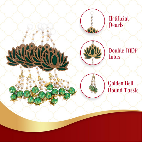 Lotus Wall Hanging Set with Jhumki Style & Beads | 9-Inch Decorative Flower Hangings for Home D����cor (Set of 5, Green)