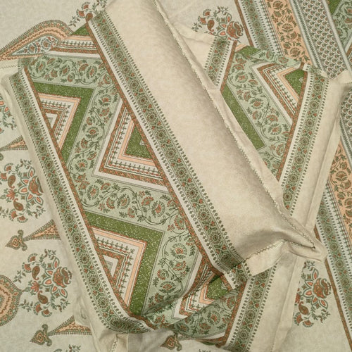 Self Printed Fabric, 250 TC 100% Cotton Flat King Size Bedsheet (108 x 108inches) (275 x 275cm) with 2 Large Pillow Povers, Green