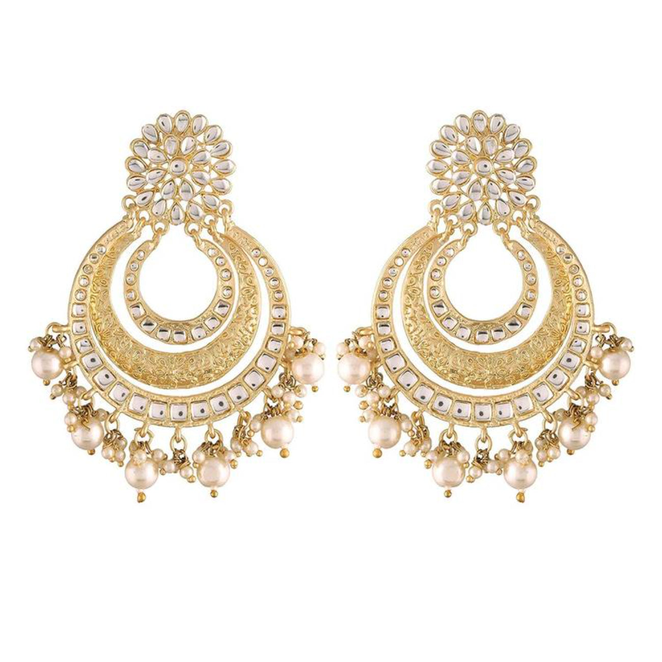 Elegant Gold-Plated Kundan Pearl Chandbali Earrings, Maang Tikka �������� Traditional Bridal Jewelry Set, Traditional Indian Wedding Jewelry (Set of 1)