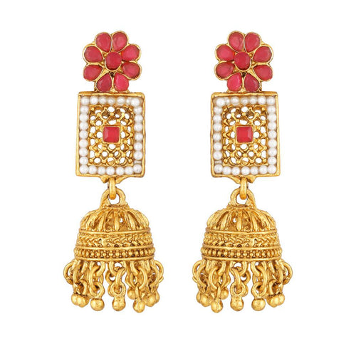 Antique Gold Ruby Floral Long Necklace Set, Traditional Jhumka Earrings | South Indian Temple Jewelry, Traditional Indian Wedding Jewelry (Set of 2)