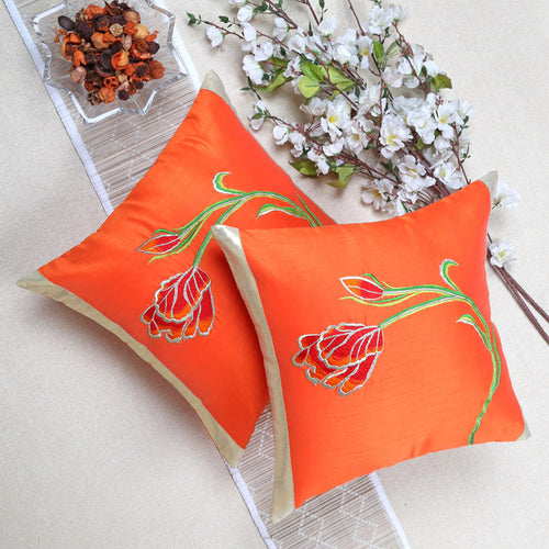 Orange Floral Embroidered Cushion Cover, Set of 2 pcs, Orange Tulip Embroidery with Gold Highlights, Hidden Closure, Decorative Accent Covers (16