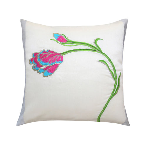 White Floral Embroidered Cushion Cover, Set of 2 pcs, White Tulip Embroidery with Gold Highlights, Hidden Closure, Fresh Floral Cushions (16