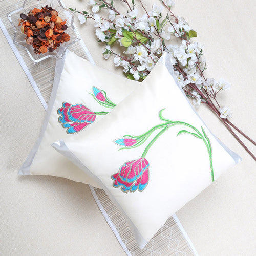 White Floral Embroidered Cushion Cover, Set of 2 pcs, White Tulip Embroidery with Gold Highlights, Hidden Closure, Fresh Floral Cushions (16