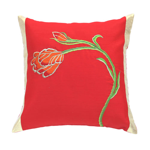 Red Floral Embroidered Cushion Cover, Set of 2 pcs, Red Tulip Embroidery with Gold Highlights, Hidden Closure, Elegant Home Decor Covers (16