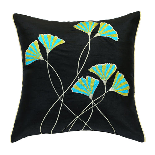 Pink & Green Combo Embroidered Cushion Cover, Set of 2 pcs, Multi-Colored Floral Embroidery with Gold Piping, Hidden Closure, Trendy Decorative Pillows (16