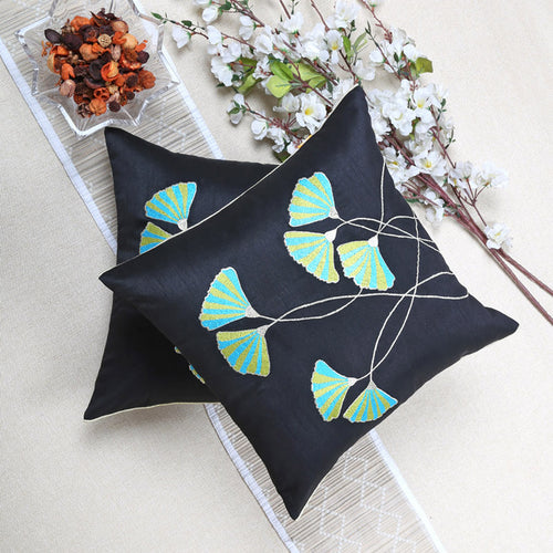 Green Floral Embroidered Cushion Cover, Set of 2 pcs, Black with Green Floral Embroidery and Gold Piping, Hidden Closure, Stylish Home Cushions (16